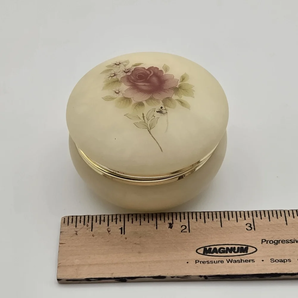 Vintage Genuine Alabaster Hand Carved Floral Trinket Box Made In Italy